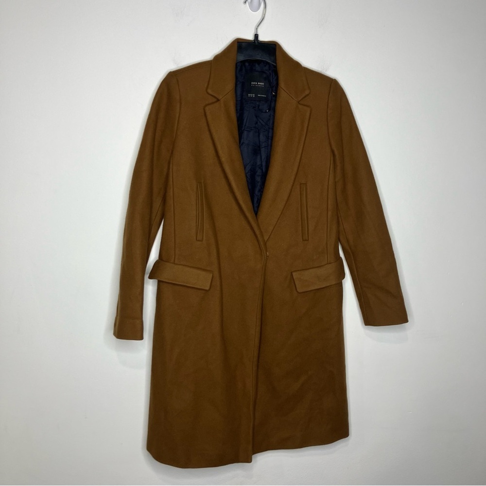 Zara Basics camel colored wool blend midi coat one snap size XS